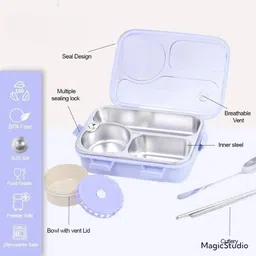moira international Compartment -3 Sealed Leak Proof Stainless Steel For Kid's & Adult_K585 3 Containers Lunch Box image 3
