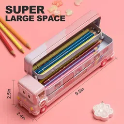 tru toys Bus Shape Pencil Box 3 Compartment Unicorn Magic Cartoon Printed Art Metal Pencil Box image 3