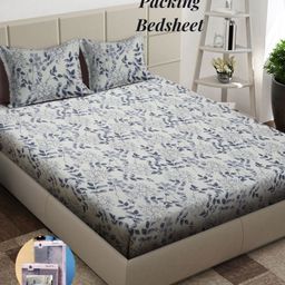 Arrabi Cream-Coloured & Blue Floral 300 TC King Bedsheet with 2 Pillow Covers-picture-26
