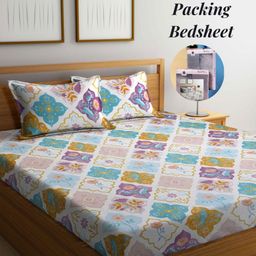 Arrabi White & Blue Floral 300 TC King Bedsheet with 2 Pillow Covers-picture-13