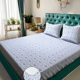 KLOTTHE White Floral Fitted 300TC Double King Bedsheet With 2 Pillow Covers-image-19