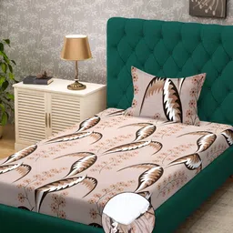KLOTTHE Brown Floral-Printed 300TC Fitted Single Bedsheet & 1 Pillow Cover-image-7
