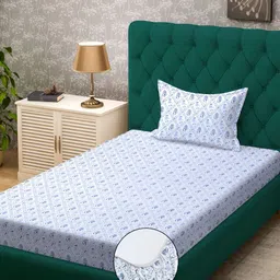KLOTTHE Floral Printed 300 TC Cotton Blend Fitted Single Bedsheet with Pillow Cover-image-64