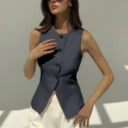 aahwan Casual Sleeveless Solid Women Silver Top image 3