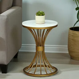 casacraft from pepperfry Naldo White Porcelain Top End Table With Gold Finish image 1