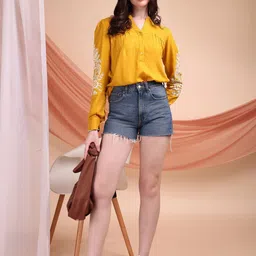 kinjo Casual Regular Sleeves Embroidered Women Yellow Top image 2