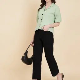 ekasya Women Regular Fit Solid Lapel Collar Casual Shirt image 4