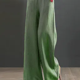 Women Loose Fit Green Cotton Blend Trousers-image-86