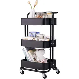 3 Tier Utility Cart Metal Tray Metal Pipe Trolley with Handle Lockable Wheels Steel Kitchen Trolley-image-0