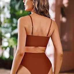 mon fashion collection Solid Women Bikini Brown Swimsuit image 4