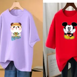 rapturous Pack of 2 Women Printed Round Neck Cotton Blend Purple, Red T-Shirt-picture-33