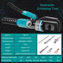 vustica 10 Tons Hydraulic Crimping Tool with 9 Dies - Battery Cable Crimper Tool & Wire Rope Crimping for 12 to 2/0 AWG, 1/16" 1/8" 3/16" Stainless Steel Cable Railing Manual Crimper image 3