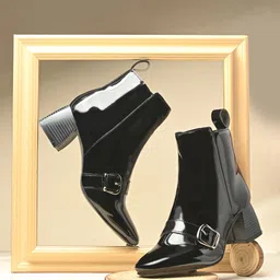 dressberry Shiny Black Buckle details Stylish Casual Boots for Women Boots For Women-picture-26