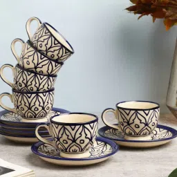 vareesha Mehraab Blue Off-white Hand-made Ceramic Cup Saucers (Set of 6) image 1
