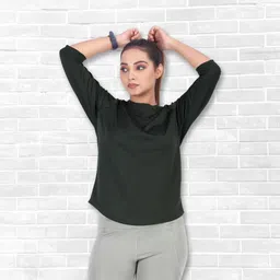 myo2 Women Solid Round Neck Polyester Dark Green T-Shirt-picture-30