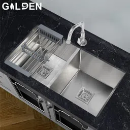 golden 37"x18" Double Bowl Handmade Kitchen Sink Matte Finish GS-14Silver Vessel Sink image 5