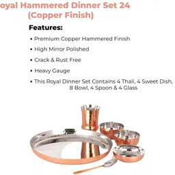 yuiop Pack of 24 Copper Royal Hammer Copper Dinner Set With 4 Thali, 4 Dish, 8 Bowls, 4 Spoon & 4 Glass Dinner Set image 3