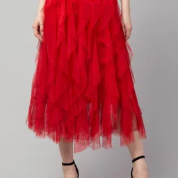 urban streetwear Women Solid Flared Red Skirt-picture-17