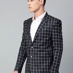 MANQ Men Navy Blue & White Checked Slim Fit Single Breasted Party Blazer image 2