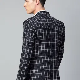 MANQ Men Navy Blue & White Checked Slim Fit Single Breasted Party Blazer image 4