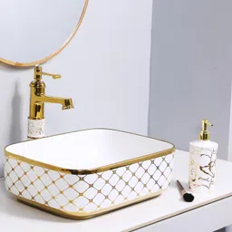 seikoware Ceramic Tabletop Wash Basin -Gold Living Room, Dining Area & Hotel | Premium Counter Washbasin | 16x13x5 Inch GR Counter Top image 4