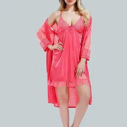 Be You V-Neck Satin Baby Dolls Nightdress With Robe-image-20