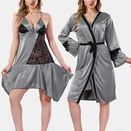 Be You V-Neck Lace Up Details Satin Baby Doll With Robe-image-75