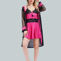 Be You V-Neck Lace Up Details Satin Baby Doll With Robe-picture-29