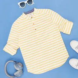Pantaloons Junior Boys Horizontal Stripes Roll Up Sleeves Pure Cotton Casual Shirt-picture-5