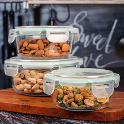 vastarpara High Quality Borosilicate Glass Food Storage Containers With Snap Lock Lids Round Shape - Safe for Microwave, Oven, Dishwasher, Freezer - BPA Free - Airtight, Pack Of 3 Containers Lunch Box 3 Containers Lunch Box 3 Containers Lunch Box image 2