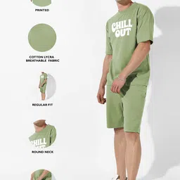 zirpix Men Top & Shorts Set Green Solid, Printed image 5