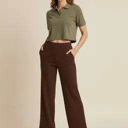 de trendz Women Flared Brown Cotton Blend Trousers-picture-11