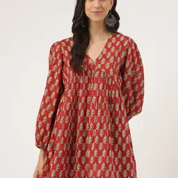 Divena Floral Printed Puff Sleeves Gathered or Pleated Cotton Longline Peplum Top-picture-34