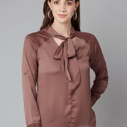 WESTCLO Tie-Up Neck Satin Shirt Style Top-picture-13