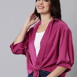 SHOWOFF Shirt Collar Puff Sleeves Satin Shirt Style Top-image-72