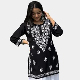 houseofmunmun Formal Regular Sleeves Embroidered, Solid Women Black, White Top image 1