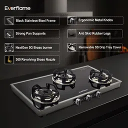 everflame Ascent 3 Burner Glass Cooktop | Toughened Gas Stove | Manual Ignition Glass Manual Gas Stove image 3