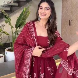 creationrajvi Maroon Reyon Printed Anarkali Suit Set with Dupatta for Women Ethnic Wear Self Design Kurta, Trouser/Pant & Dupatta Set image 5