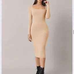 zerozabar Women Bodycon Beige Midi/Calf Length Dress image 4