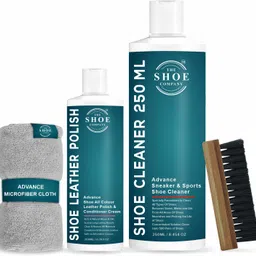 THE SHOE COMPANY Shoe & Sneaker Cleaner 250 Ml & Polish 200 Ml | Cloth | Brush | Shine Sponge Cleaner image 1
