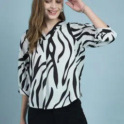 winza designer Casual Puff Sleeves Animal Print Women White, Black Top-picture-12