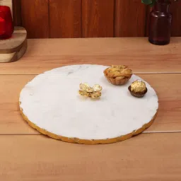 nikkispride Marble Platter White Round With Gold Foil Work Metal Flower Embedded ite Plain image 1