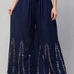 fambee Women Flared Dark Blue Viscose Rayon Trousers-picture-21