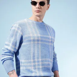 Men Checkered Round Neck Blue Sweater-image-0
