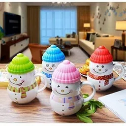 creative ceramic Ceramic Snow Man With Silicon Lid Cover(1 Piece) For Kids 350 ml (Pink) Ceramic Coffee Ceramic Coffee Mug image 3