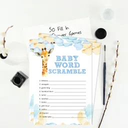 inkdotpot Set of 50 Baby Shower Word Scramble Game Cards Giraffe Animals Party Supplies Invitation Card image 4