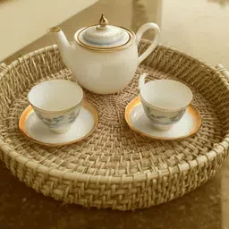 das departmental store Handwoven Natural Rattan Wicker Serving Tray, Round, 30 cm Diameter Tray Serving Set image 4