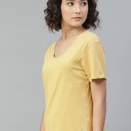 roadster Women Solid V Neck Pure Cotton Yellow T-Shirt-picture-15