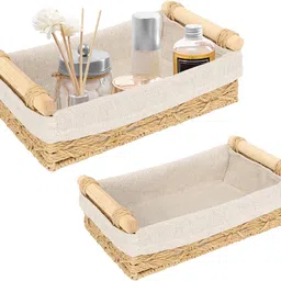supvox Wooden Rattan Desk Organizer Storage Box with Fabric Lining and Wooden Handle Storage Basket-picture-13