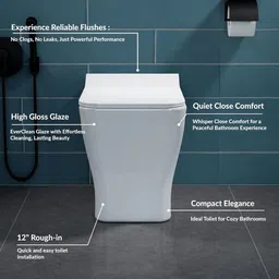 seikoware Floor Mounted Ceramic Toilet/Commode/European Square with Soft Close Seat Cover for Lavatory (P Trap Outlet Is From Wall) 21" x 14" x 15", White Western Commode image 3